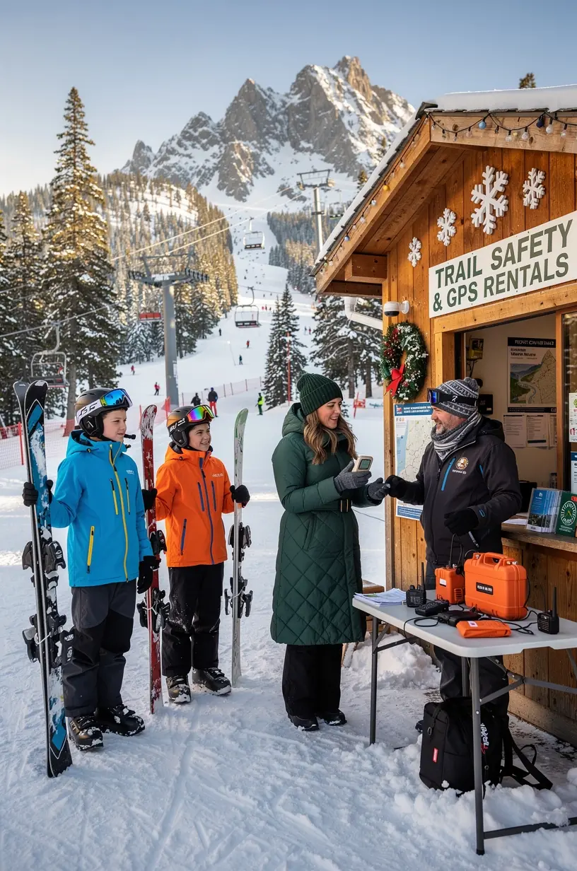 Надпись на станции безопасности с контактами службы спасения и рекомендациями по подготовке к походу без мобильной связи.