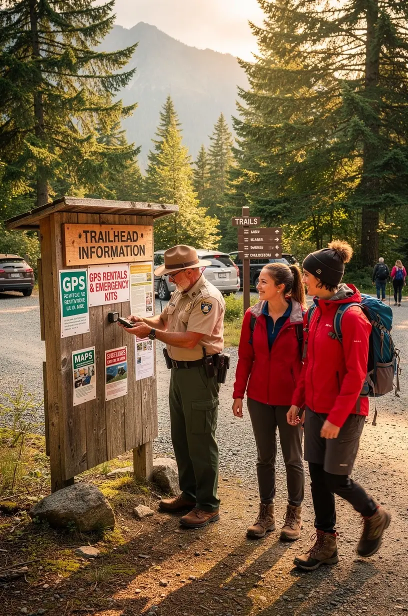 Турист, проверяющий карту и GPS-навигатор перед началом похода по американским тропам.