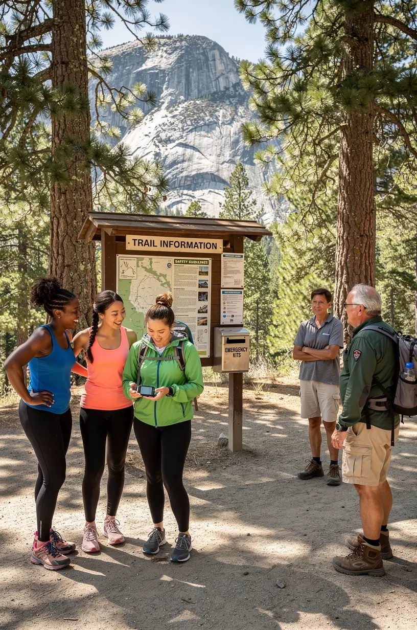 Информационный стенд с инструкциями по использованию офлайн-устройств безопасности для туристов в горах США.